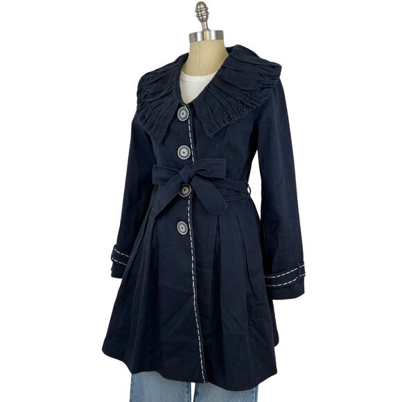 Nick and Mo Peter Pan Collared Button Front Navy Blue Tie Waist Long Jacket (M) - Picture 1 of 14